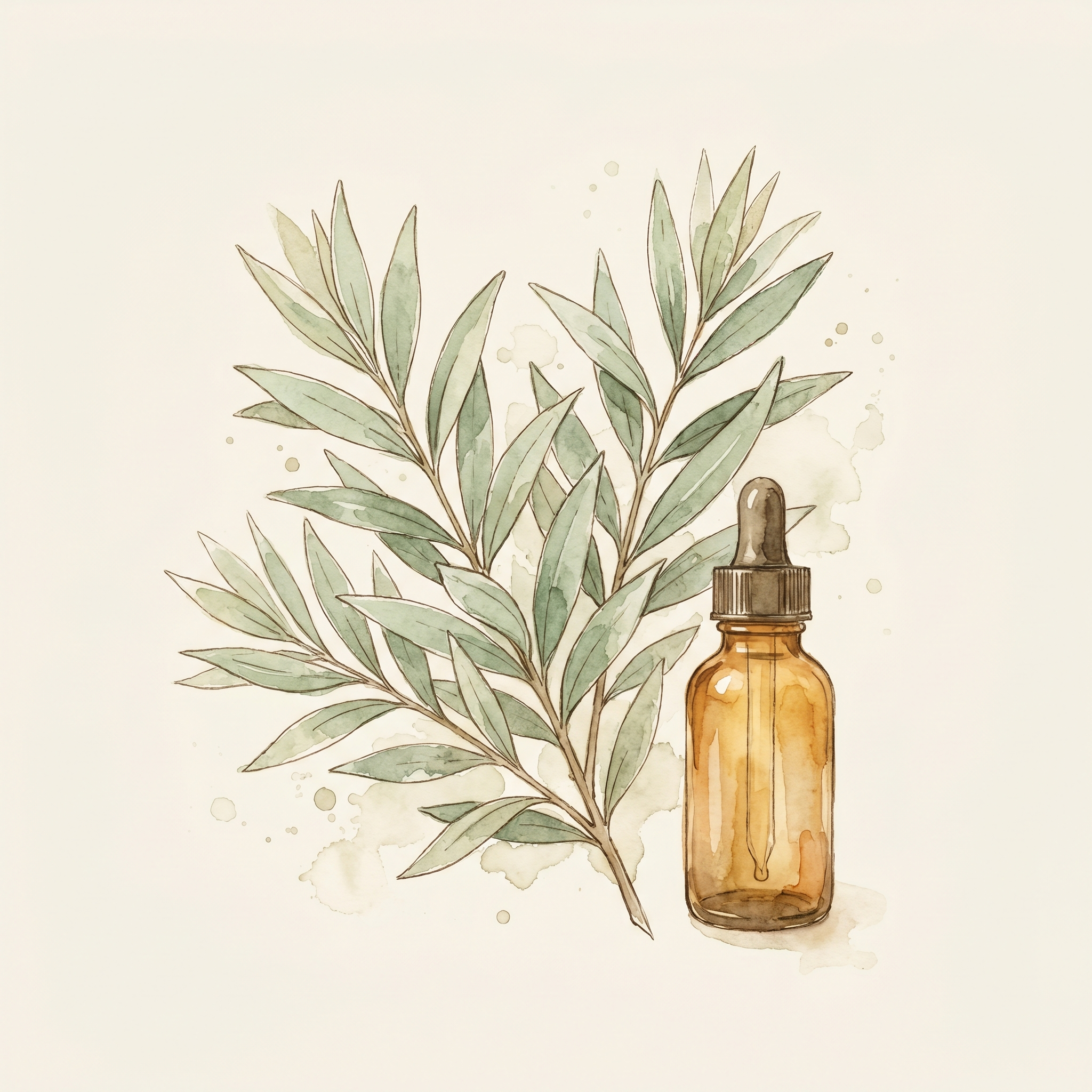 Tea tree leaves with amber dropper bottle watercolor illustration